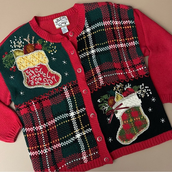 Vintage Chunky Knit Mixed Media Christmas Cardigan Sweater - Picture 10 of 16